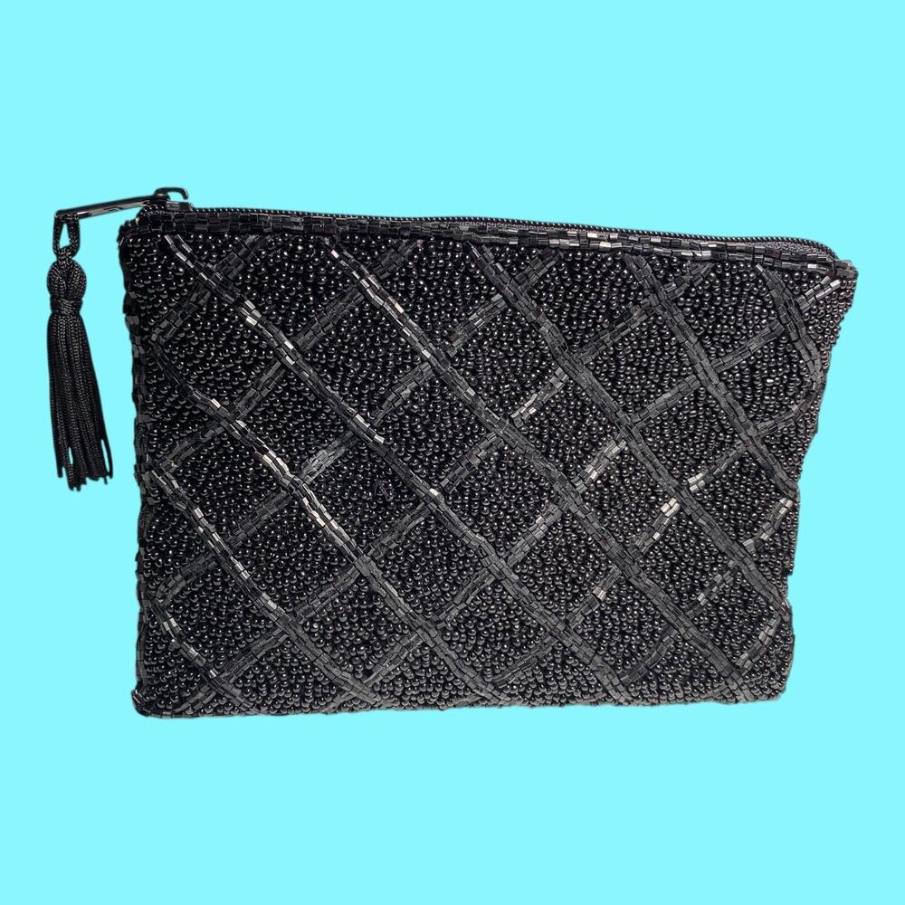 Lancome Beaded Clutch Evening Bag Zipper 4 1/2” X 6” Black